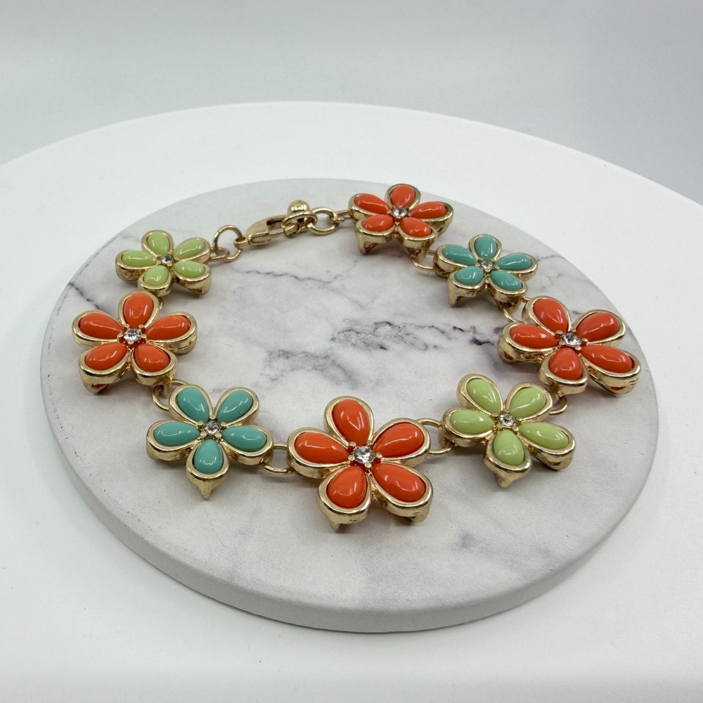 Vibrant Multi-Color Floral Bracelet Gold Tone Petals Statement Boho Accessory